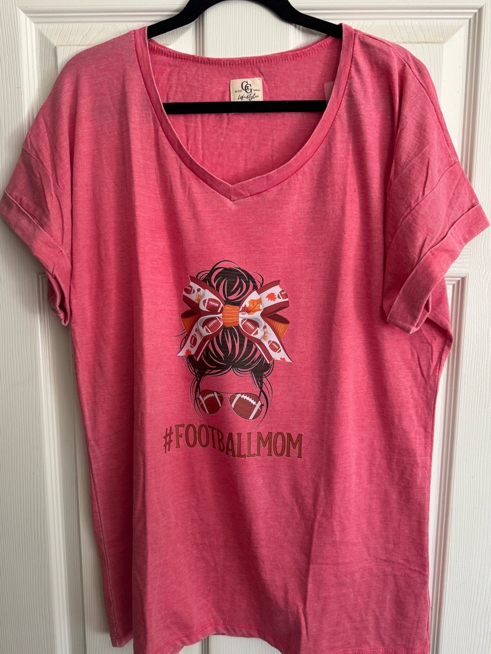 Football Mom V-Neck Tee - Pink